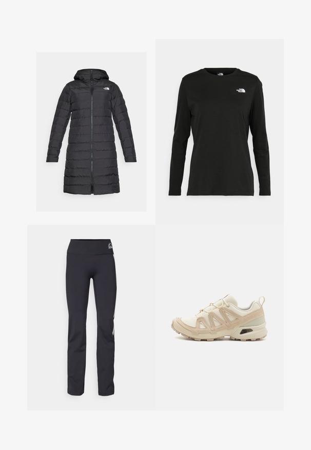 The North Face ACONCAGUA - Daunenmantel - black; Schwarzes Langarm-T-Shirt aus Baumwolle mit Rundhalsausschnitt. Verfügt über ein kleines weißes Logo auf der linken Brustseite. Einfaches Design und Passform.; Schwarze Stretchstoff-Hosen mit hohem Bund, die ein dezentes Logo und kontrastierende Seitenstreifen aufweisen. Glatte Textur, taillierte Passform.; Beige und cremefarbenen Sportschuh mit strukturiertem Mesh-Obermaterial, unterstützenden Überzügen und Gummisohle mit einem Profilmuster für Bodenhaftung.