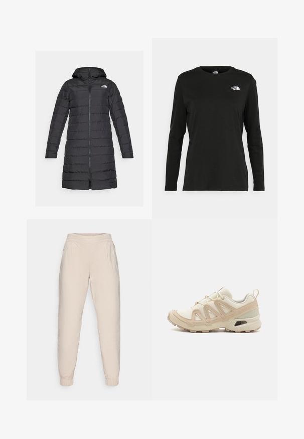 The North Face ACONCAGUA - Pūkinis paltas - black; Juodas ilgomis rankovėmis medvilninis marškinėliai su apvali apykakle. Savybė - mažas baltas logotipas kairėje krūtinės pusėje. Paprastas dizainas ir pritaikymas.; Smėliniai sportiniai kelnių tipo džinsai su elastinga juosmens juosta, dviem šoninėm kišenėm ir elastinėm rankovėm ties kulkšnims; švelni, lengva medžiaga.; Bežinės ir kreminės spalvos sportinės bateliai su tekstūruoto tinklelio viršutine dalimi, palaikančiomis detalėmis ir guminiais padais, turinčiais raštą, užtikrinantį sukibimą.