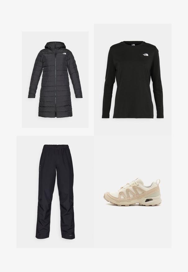 The North Face ACONCAGUA - Kaput ispunjen paperjem - black; Crni dugih rukava majica od pamuka s okruglim izrezom. Ima mali bijeli logo na lijevoj strani prsnog područja. Jednostavan dizajn i kroj.; Crne vodootporne hlače napravljene od glatkog sintetičkog materijala. Imaju elastičnu ureznicu i bočne džepove, s laganim brendiranjem sa strane.; Bež i kremasti sportski tenisice s teksturiranim mrežastim gornjim dijelom, potpornih preklopa i gumeni potplat s uzorcima za prianjanje.