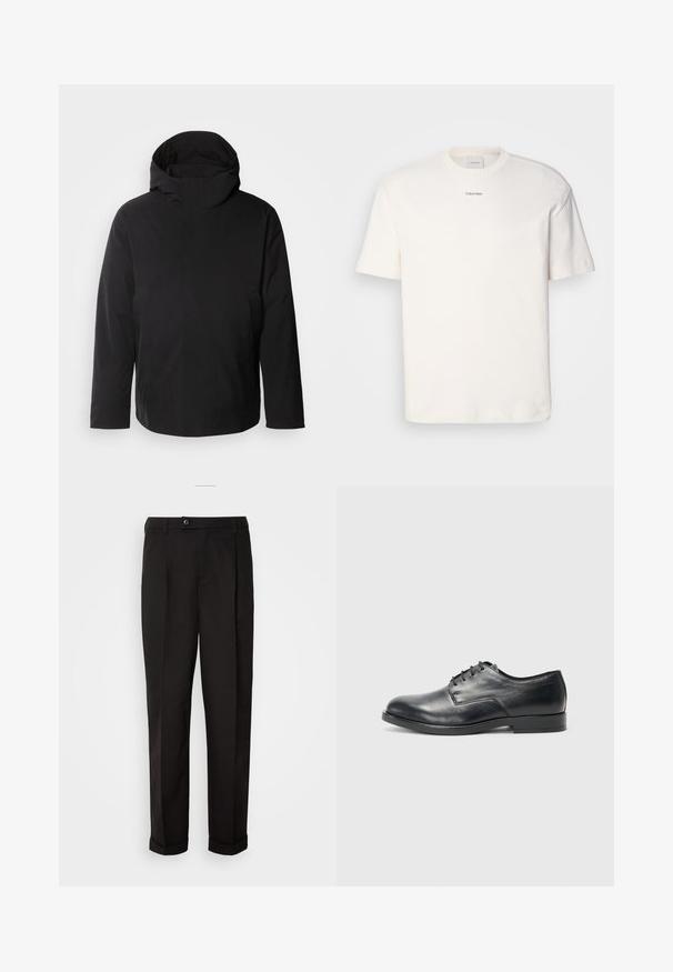 Calvin Klein HOODED JACKET - Zimná bunda - black; Biely bavlnený tričko s okrúhlym výstrihom, krátkymi rukávmi a vyšívaným logom "Calvin Klein" na strede hrude. Jednoduchý dizajn.; Čierne nohavice s hladkým povrchom, rovného strihu, s dvoma prednými vreckami a jedným gombíkom na uzatvorenie v páse.; Čierne kožené spoločenské topánky s okrúhlym prstom, plochou podrážkou a šiestimi dierkami na šnúrky; hladký povrch a minimalistický dizajn.