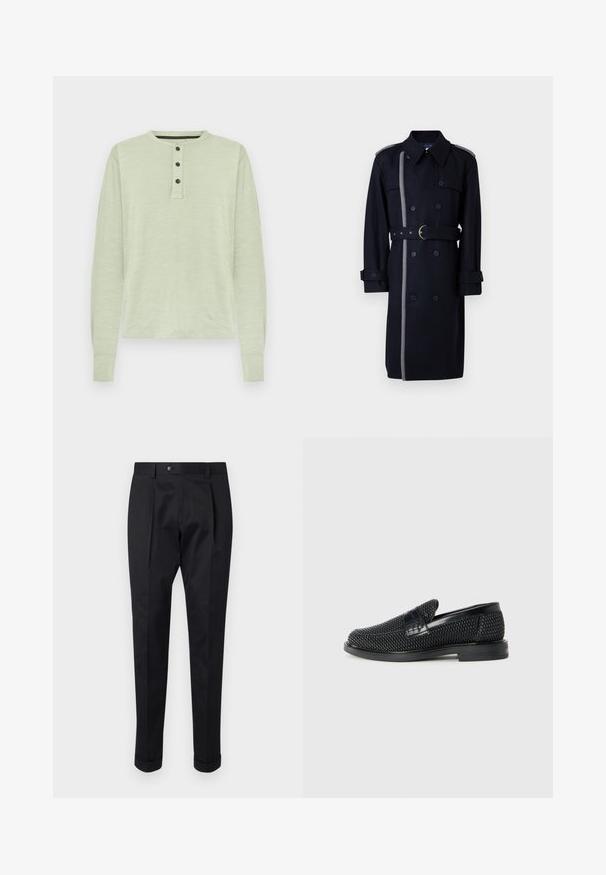 Schwarzer Woll-Trenchcoat mit doppelter Knopfleiste, grauen Seitenstreifen, Gürtel mit Messing-Schließe und knöpfbaren Manschetten.; Hellgrünes Langarmshirt mit Rundhalsausschnitt, Knopfleiste mit drei Knöpfen und gerippten Bündchen; aus einem weichen, strukturierten Stoff gefertigt.; Schwarze Hosen aus einem glatten Stoff, mit einem Faltenwurf vorne, einem Knopfverschluss und umgeschlagenen Säumen am Knöchel.; Schwarzer geflochtener Slipper mit einem glatten Lederakzent im Obermaterial, einem runden Zehendesign und einer flachen Gummisohle.