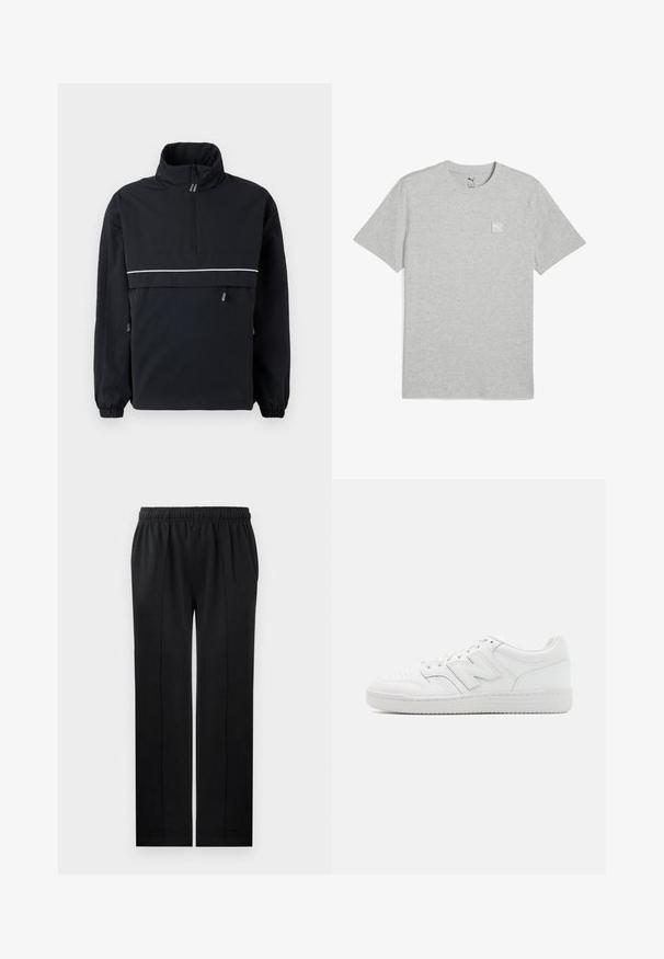 Zwarte pullover jas met een hoge kraag, halve ritssluiting aan de voorkant, reflecterende witte streep over de borst, elastische manchetten en details met trekkoorden aan de zijkanten.; Grijze katoenen t-shirt met een ronde hals, korte mouwen en een klein wit logopatch op de linkerborst. Zachte textuur, eenvoudig ontwerp.; Zwarte broek van zacht materiaal met een elastische tailleband, rechte pijpen en twee zijzakken. Heeft verborgen stikseldetails.; Witte sneaker van glad leer, met geperforeerde neus, een gestructureerde rubberen zool, platte veters en een prominente 'N' logo aan de zijkant.