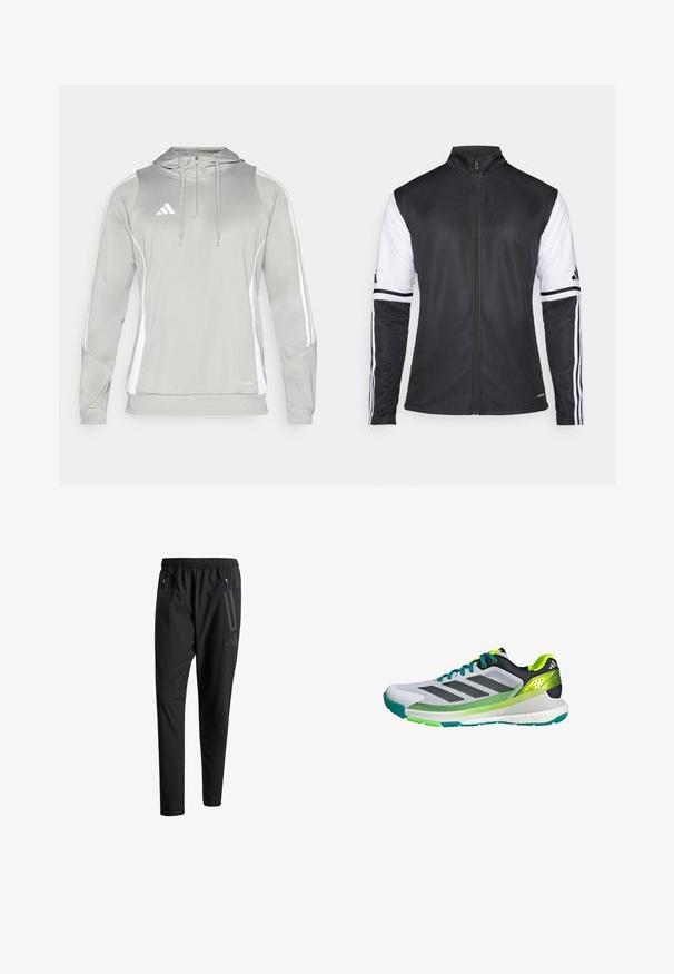 Musta urheilutakki, jossa on vetskari edessä, valkoiset hihat ja kolme pystysuoraa valkoista raitaa kummassakin hihassa. Valmistettu sileästä synteettisestä materiaalista.; Vaaleanharmaa huppari, jossa on vetoketjukaulus, valkoinen korostusraita ja kirjailtu logo. Valmistettu sileästä, urheilullisesta kankaasta, jossa on pehmeä pinta.; Mustat urheiluhousut, joissa on joustava vyötärö, kaksi vetoketjullista sivutaskua, kapenevat lahkeet ja hillitty logokuvaus lonkalla.; Harmaa ja musta urheilukenkä, jossa on vihreitä yksityiskohtia ja verkkomateriaali ylhäällä. Sisältää kolme mustaa raitaa ja teksturoitu pohja pidon parantamiseksi.