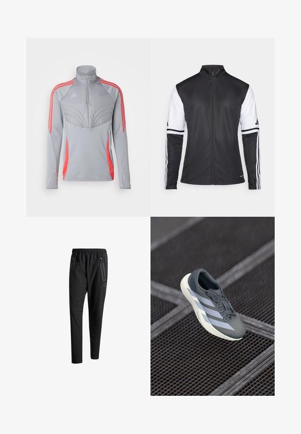 Musta urheilutakki, jossa on vetskari edessä, valkoiset hihat ja kolme pystysuoraa valkoista raitaa kummassakin hihassa. Valmistettu sileästä synteettisestä materiaalista.; Harmaa urheilutakki, jossa on korkea kaulus, teksturoitu rintapaneeli ja oranssit raidat olkapäissä ja kyljissä. Kevyt materiaali.; Mustat urheiluhousut, joissa on joustava vyötärö, kaksi vetoketjullista sivutaskua, kapenevat lahkeet ja hillitty logokuvaus lonkalla.; Urheilukengät harmaana ja valkoisena, valmistettu synteettisestä materiaalista, virtaviivaisella muotoilulla, tekstuurilla ja näyttävällä nauhoitusjärjestelmällä.