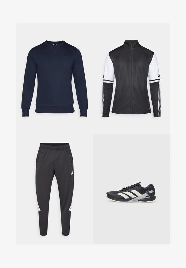 Černá sportovní bunda se zipem vpředu, bílými rukávy a třemi vertikálními bílými pruhy na každém rukávu. Vyrobena z hladkého syntetického materiálu.; Námořnická mikina s dlouhými rukávy a kulatým výstřihem. Obsahuje nenápadné logo "BORG" na hrudi. Měkká, texturovaná tkanina.; Černé atletické kalhoty se zúženými nohavicemi, elastickým pasem, bočními kapsami a bílým logem a proužky jako ozdobou. Vyrobené z hladkého, lehkého materiálu.; Černá sportovní obuv s bílými pruhy, síťovaným svrškem, zaoblenou špičkou a polstrovanou podrážkou. Obsahuje texturovanou patu a bezpečný systém šněrování.