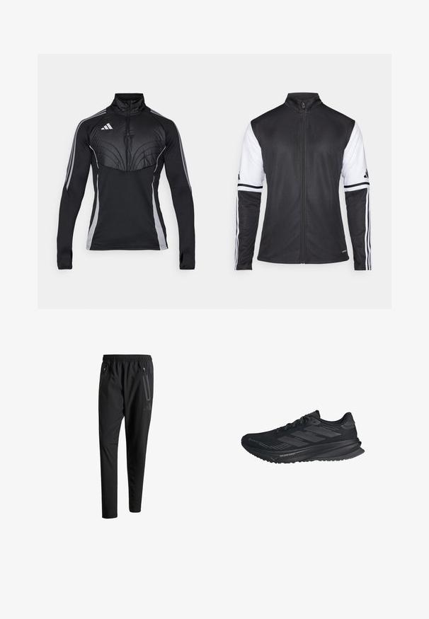 Svart atletisk jakke med glidelås foran, hvite ermer og tre vertikale hvite striper på hver arm. Laget av glatt syntetisk materiale.; Svart atletisk pullover med glidelås-krage, med quiltet overdel, grå sidelister og tommelhull i ermene for bedre grep.; Svarte treningsbukser med elastisk liv, to glidelåslommer på sidene, avsmalnende ben og en subtil logo detalj ved hoften.; Svart Adidas løpesko med Gore-Tex-overdel, tre striper på siden, og "Dreamstrike" på sålen, sett fra utsiden.