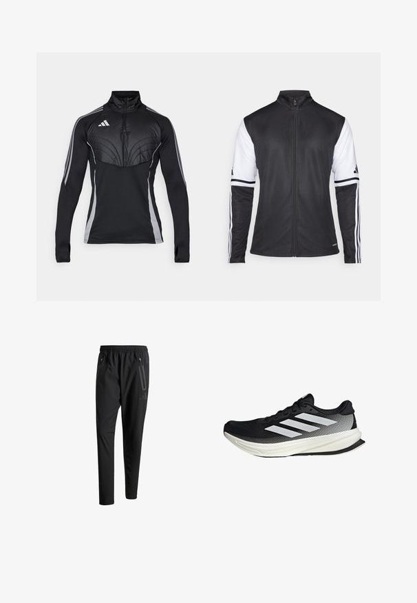 Veste de sport noire avec fermeture éclair à l'avant, manches blanches et trois rayures blanches verticales sur chaque bras. Fabriquée en matériau synthétique lisse.; Pull-over de sport noir avec col zippé, présentant un panneau supérieur matelassé, des bandes latérales grises et des trous pour les pouces dans les manches pour une meilleure prise.; Pantalons de sport noirs avec une taille élastique, deux poches latérales zippées, des jambes fuselées et un détail de logo subtil sur la hanche.; Chaussure de sport noire avec un design en maille, ornée de rayures blanches, à bout arrondi et avec une semelle texturée pour une meilleure adhérence et un soutien accru.