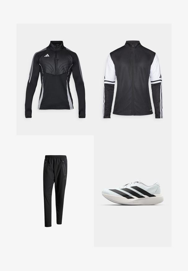 Schwarze Sportjacke mit Reißverschluss auf der Vorderseite, weißen Ärmeln und drei vertikalen weißen Streifen an jedem Arm. Aus glattem synthetischen Material gefertigt.; Schwarzer sportlicher Pullover mit Reißverschlusskragen, ausgestattet mit einem gesteppte Oberteil, grauen Seitenstreifen und Daumenöffnungen in den Ärmeln für einen besseren Halt.; Schwarze Sporthose mit elastischem Bund, zwei Reißverschlusstaschen an den Seiten, schmal zulaufenden Beinen und einem dezenten Logo-Detail an der Hüfte.; Leichte Laufschuhe in hellblau mit schwarzen Streifen. Sie verfügen über ein glattes Obermaterial, eine runde Zehenpartie und eine dicke weiße Zwischensohle, die mit "LIGHTSTRIKE PRO" beschriftet ist.