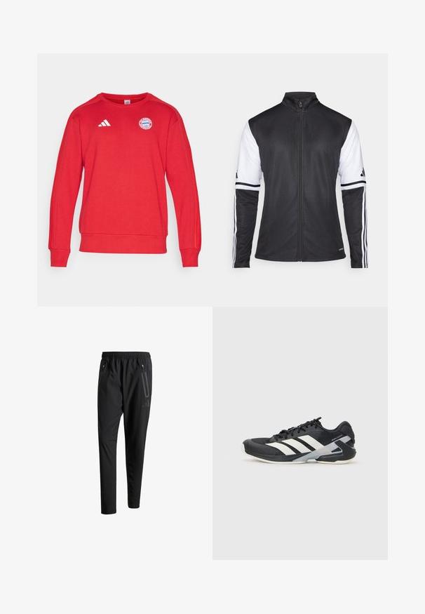 Crni sportski jakna s patentnim zatvaračem sprijeda, bijelim rukavima i tri vertikalne bijele pruge na svakoj ruci. Izrađena od glatkog sintetičkog materijala.; Crvena dukserica s Adidasa dizajnom s tri pruge, okruglim izreza, rebrastim manžetama i logotipom FC Bayern München na prsima. Mekana tkanina.; Crne atletske hlače s elastičnim pojasom, dva bočna džepa sa zatvaračem, suženi nogavici i diskretnim logotipom na kuku.; Crne atletske cipele s bijelim prugama, mrežasta gornja strana, zaobljeni prst i podstavljeni đon. Imaju teksturiranu petu i siguran sustav vezivanja.