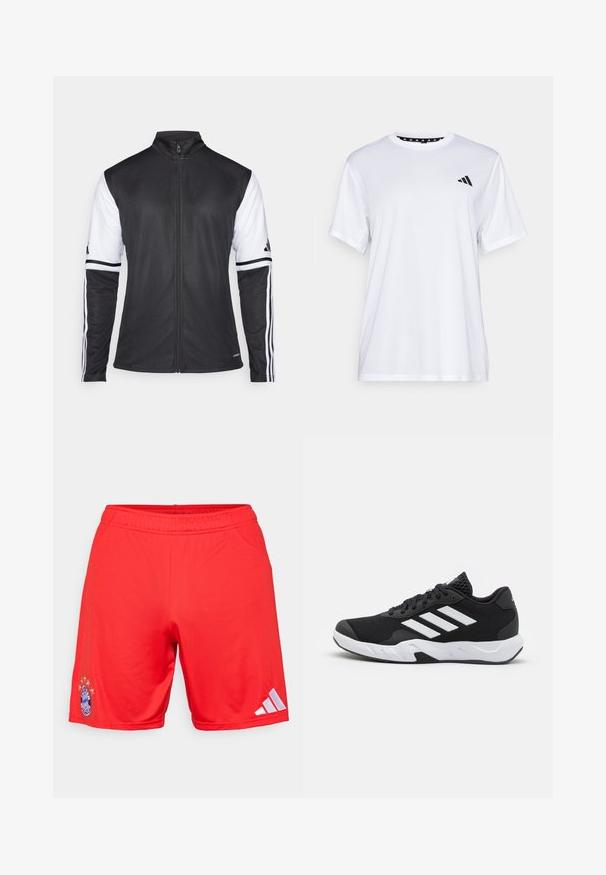 Čierna športová bunda so zipsom vpredu, bielymi rukávmi a tromi vertikálnymi bielymi pruhmi na každom ramene. Vyrobená z hladkého syntetického materiálu.; Biely športový tričko s krátkymi rukávmi, vyrobené z materiálu, ktorý odvádza vlhkosť. Má čierne logo na ľavej hrudi a vzorovaný vnútorný golier.; Červené športové šortky vyrobené z hladkého materiálu, obsahujúce vyšívané logo a päť hviezd nad ním, so bielymi pruhmi Adidas po stranách.; Čierne športové topánky s textúrovaným sieťovinovým zvrškom, bielymi akcentovými pruhmi, polstrovanou podrážkou a spevneným pätou pre podporu.