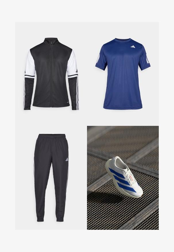 Black athletic jacket with a zip front, white sleeves, and three vertical white stripes on each arm. Made of smooth synthetic material.; Navy blue short-sleeve athletic shirt made of smooth fabric, featuring a crew neck and a white logo detail on the upper left chest.; Black athletic pants with an elastic waistband, featuring white stripes along the sides and a small logo on the hip. Smooth texture.; White athletic shoe with blue stripes, lightweight design, mesh upper, lace-up closure, and textured rubber sole, floating above a grid surface.