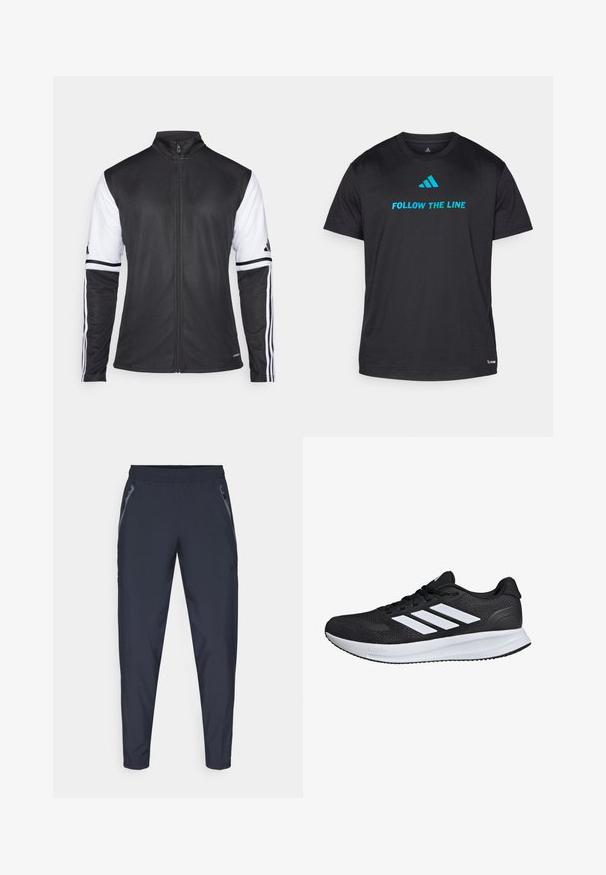Čierna športová bunda so zipsom vpredu, bielymi rukávmi a tromi vertikálnymi bielymi pruhmi na každom ramene. Vyrobená z hladkého syntetického materiálu.; Čierne športové tričko vyrobené z ľahkého materiálu, s nápisom "SLEDUJ ČIARU" v jasne modrej farbe a malým logom blízko lemu.; Námornícke športové nohavice vyrobené z ľahkej tkaniny, s dvoma bočnými zipsovými vreckami, elastickým pásom a zúženými nohavicami pre štíhly strih.; Čierne športové topánky s bielymi pruhmi, sieťovina na vrchnej časti, polstrovaná podrážka a textúrované akcenty. Obsahujú šnúrkový dizajn a logo značky na jazyku.