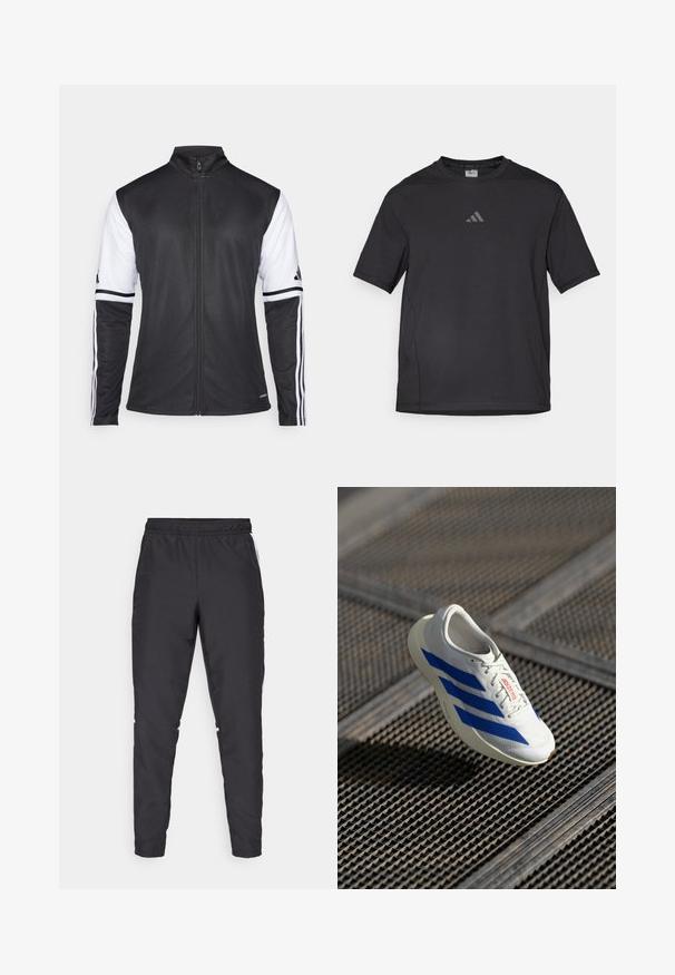 Sort atletisk jakke med lynlås foran, hvide ærmer og tre lodrette hvide striber på hver arm. Fremstillet af glat syntetisk materiale.; Sort atletisk t-shirt lavet af åndbart materiale, med korte ærmer, rund hals og et reflekterende logo på brystet.; Sorte atletiske bukser med elastisk talje, snævre ben og hvide sidelæggi. Fremstillet af syntetisk materiale med en glat overflade.; Hvid atletisk sko med blå striber, letvægtsdesign, mesh-overdel, snørelukning og tekstureret gummisål, svævende over en gitteroverflade.