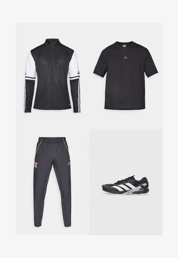 Must mustriga jakke, millel on ees atlet helmest, valged varrukad ja igas käes kolm vertikaalset valget riba. Valmistatud siledast sünteetilisest materjalist.; Must väga hästi hingavast materjalist must sportlik T-särk, millel on lühikesed varrukad, ümmargune kaelus ja peegeldav logo rinnal.; Tumed hallid spordipüksid kuldsete aktsentidega, millel on vöökoht, logotäht ja punased ning sinised külje detailid. Sile kangatekstuur.; Mustad sportlik jalanõud mustade värvidega, valgete triipudega, võrgusilma pealmine osa, ümar varvas ja pehme tallaga. Omab tekstureeritud kontsa ja kindlat paeltesüsteemi.