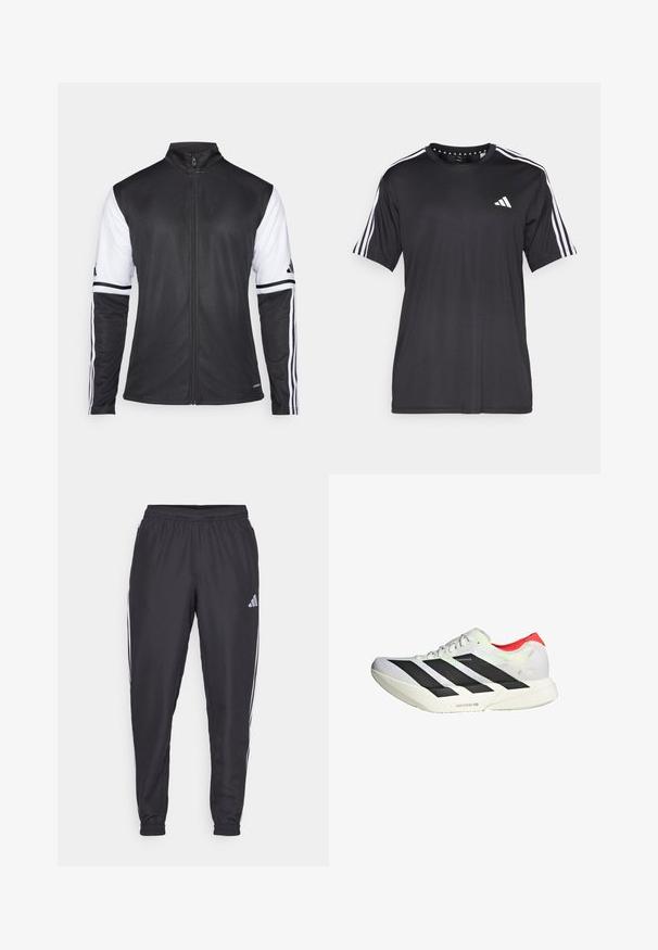Veste de sport noire avec fermeture éclair à l'avant, manches blanches et trois rayures blanches verticales sur chaque bras. Fabriquée en matériau synthétique lisse.; T-shirt noir à manches courtes avec un design à trois bandes blanches sur les épaules et un logo sur la poitrine. Fabriqué en tissu respirant, texture lisse.; Pantalons de sport noirs avec une taille élastique, présentant des rayures blanches sur les côtés et un petit logo sur la hanche. Texture lisse.; Chaussure de sport blanche avec des rayures diagonales noires, des accents rouges au talon et une tige texturée ; elle est dotée d'un amorti LIGHTSTRIKE PRO.