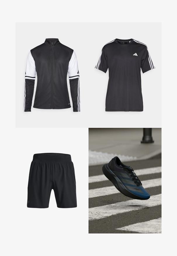 Musta urheilutakki, jossa on vetskari edessä, valkoiset hihat ja kolme pystysuoraa valkoista raitaa kummassakin hihassa. Valmistettu sileästä synteettisestä materiaalista.; Mustavalkoinen, lyhythihainen t-paita, jossa on valkoinen kolmiraidallinen design hartioilla ja logo rinnassa. Valmistettu hengittävästä kankaasta, jonka pinta on sileä.; Mustat urheiluhousut, joissa on joustava vyötärönauha, valmistettu kevyestä kankaasta. Niissä on sileä pinta ja hillitty logo alhaalla vasemmalla.; Musta ja sininen urheilukenkä virtaviivaisella muotoilulla, jossa on teksturoitu päällinen, kontrastiväriset raidat ja pehmustettu pohja, leijumassa päällysteen yläpuolella.