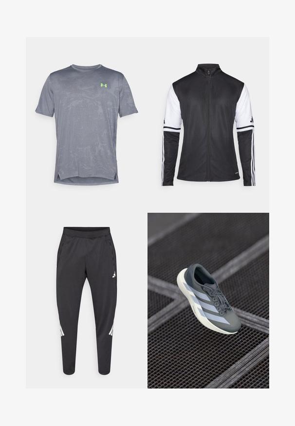 Casaco atlético preto com fecho à frente, mangas brancas e três riscas brancas verticais em cada braço. Feito de material sintético suave.; Under Armour VENT - T-shirt desportiva - castlerock/hyper green; Calças atléticas pretas com pernas afiladas, cintura elástica, bolsos laterais e detalhes em logo e riscas brancas. Confeccionadas em material liso e leve.; Shoe desportivo em cinza e branco, feito de material sintético, com um design aerodinâmico, acabamento texturizado e um sistema de atacadores proeminente.