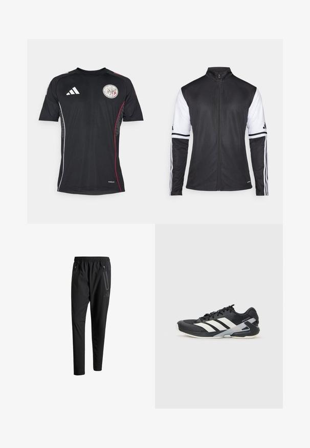 Black athletic jacket with a zip front, white sleeves, and three vertical white stripes on each arm. Made of smooth synthetic material.; Black athletic shirt with short sleeves featuring a round neck, white accents, red side stripes, and a circular emblem on the chest.; Black athletic pants with an elastic waistband, two zippered side pockets, tapered legs, and a subtle logo detail on the hip.; Black athletic shoe with white stripes, mesh upper, rounded toe, and cushioned sole. Features a textured heel and secure lacing system.