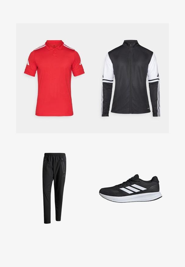 Musta urheilutakki, jossa on vetskari edessä, valkoiset hihat ja kolme pystysuoraa valkoista raitaa kummassakin hihassa. Valmistettu sileästä synteettisestä materiaalista.; Punainen polo-paita, joka on valmistettu hengittävästä kankaasta. Paidassa on kaksinappinen kaulus, lyhyet hihat, joissa on valkoiset raidat, sekä logotieto hihassa.; Mustat urheiluhousut, joissa on joustava vyötärö, kaksi vetoketjullista sivutaskua, kapenevat lahkeet ja hillitty logokuvaus lonkalla.; Musta urheilukenkä, jossa on valkoiset raidat, verkkomateriaali, pehmustettu pohja ja teksturoidut yksityiskohdat. Kenkässä on nauhakiinnitys ja brändin logo kielen päällä.
