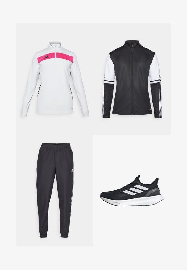 Černá sportovní bunda se zipem vpředu, bílými rukávy a třemi vertikálními bílými pruhy na každém rukávu. Vyrobena z hladkého syntetického materiálu.; Bílé sportovní tričko s dlouhým rukávem, se růžovým panelem přes hruď, obsahující čtvrtový zip a černé akcentové pruhy po stranách.; Černé sportovní kalhoty s elastickým pasem, se zlomenými bílými pruhy po stranách a malým logem na bocích. Hladká textura.; Černá běžecká bota s bílým designem tří pruhů. Prodyšný síťovaný svršek, polstrovaná bílá podešev s textem "LIGHT BOOST" a minimalistické akcenty.