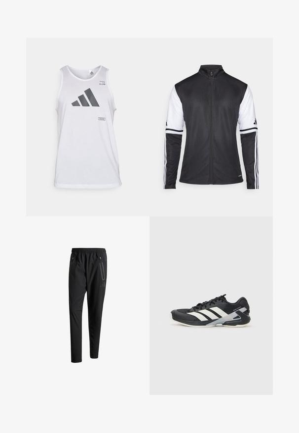 Jachetă sport neagră cu fermoar în față, mâneci albe și trei dungi verticale albe pe fiecare braț. Fabricată din material sintetic neted.; adidas Performance ALL GYM CATEGORY GRAPHIC - Top - white; Pantaloni atletici negri cu talie elastică, două buzunare laterale cu fermoar, picioare conice și un detaliu logo discret pe șold.; Pantofii sport negri cu dungi albe, superior din plasă, vârf rotunjit și talpă îmbunătățită pentru amortizare. Au o călcătură texturată și un sistem de șireturi securizat.