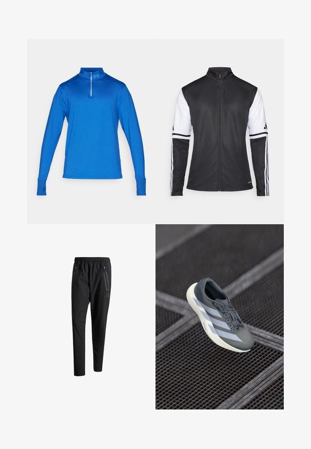Must mustriga jakke, millel on ees atlet helmest, valged varrukad ja igas käes kolm vertikaalset valget riba. Valmistatud siledast sünteetilisest materjalist.; Sinine pika varrukaga sportlik särk neljandiku tõmblukuga kaelas, millel on sujuv disain ja tekstureeritud õlad, et pakkuda paremat mugavust.; Mustavad spordipüksid elastse vöökoha, kahe tõmblukuga küljetasku, kitsenevate säärete ning õrna logodetailiga puusadel.; Hallide saapad hallis ja valges, valmistatud sünteetilisest materjalist, voolujoonelise disainiga, tekstuurse viimistlusega ja silmapaistva nöörimise süsteemiga.