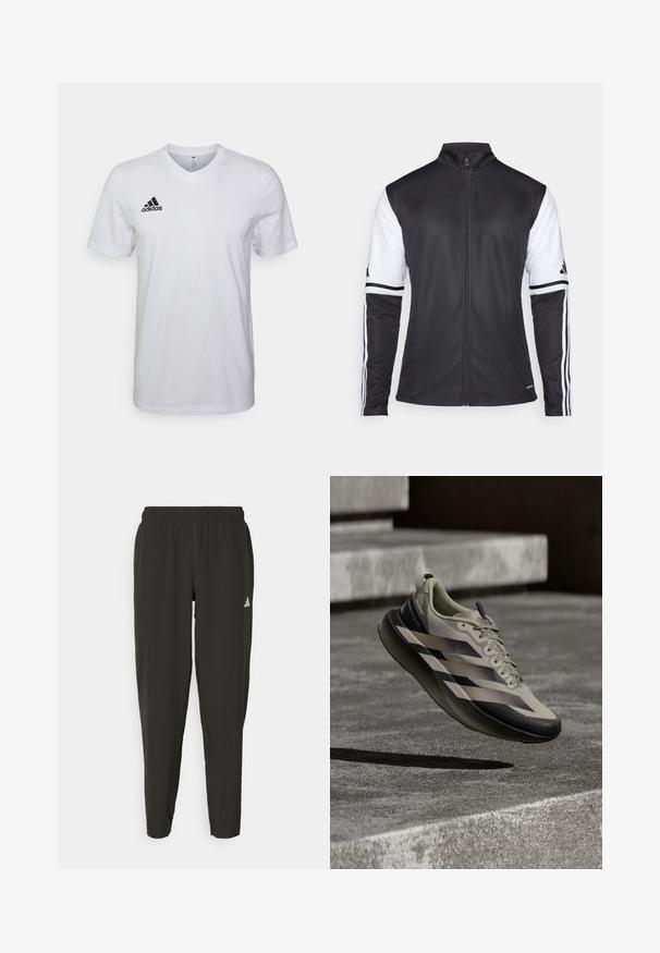 Svart träningsjacka med dragkedja fram, vita ärmar och tre vertikala vita ränder på varje arm. Tillverkad av ett glatt syntetiskt material.; Vit bomull t-shirt med v-ringning, korta ärmar och en svart Adidas-logga på vänster bröst. Enkel och lätt design.; Svarta träningsbyxor med elastisk midja, slim fit och vitt logotyp på vänster ben. Slät, lättviktsmaterial.; Lätt atletisk sko i beige med svarta detaljer, med en slank design, mönstrad sula och snören för säker passform.