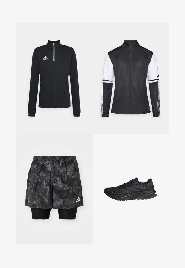 Jachetă sport neagră cu fermoar în față, mâneci albe și trei dungi verticale albe pe fiecare braț. Fabricată din material sintetic neted.; Tricou sportiv negru cu mâneci lungi și guler cu fermoar pe jumătate. Presărat cu cusături albe de accent și un logo brodat pe partea stângă a pieptului.; Pantaloni scurți atletici negri cu un model de marmură și pantaloni scurți de compresie interni. Au un pantalon elastic la talie și un mic logo alb pe lateral.; Pantof cu alergare Adidas negru, cu un superior Gore-Tex, trei dungi pe laterale și "Dreamstrike" pe talpă, văzut din lateral.
