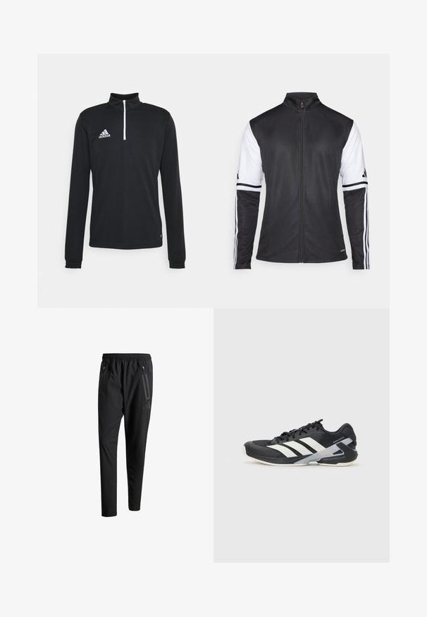Casaco atlético preto com fecho à frente, mangas brancas e três riscas brancas verticais em cada braço. Feito de material sintético suave.; T-shirt atlético de manga longa preta com colarinho de meio fecho. Apresenta costuras de destaque brancas e um logótipo bordado no lado esquerdo do peito.; Calças de treino pretas com uma cintura elástica, dois bolsos laterais com fecho, pernas ajustadas e um discreto detalhe de logotipo no quadril.; Sapata atlética preta com riscas brancas, parte superior em malha, biqueira arredondada e sola acolchoada. Apresenta um calcanhar texturizado e um sistema de atacadores seguro.