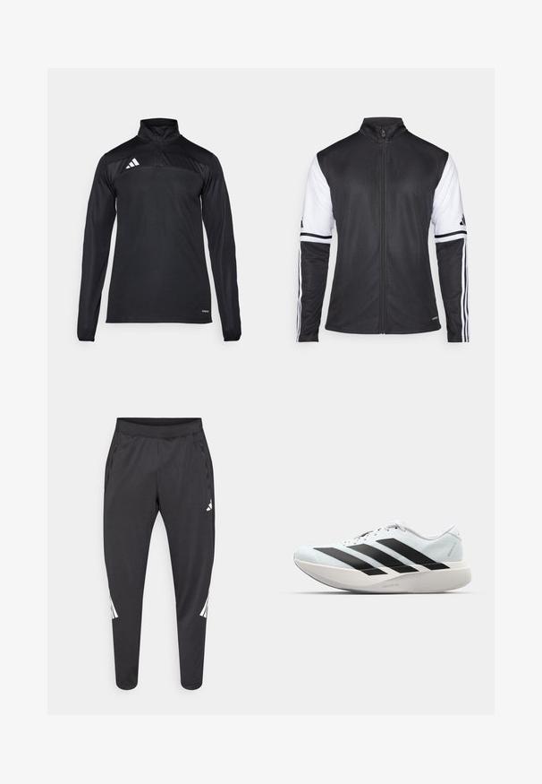 Casaco atlético preto com fecho à frente, mangas brancas e três riscas brancas verticais em cada braço. Feito de material sintético suave.; Pullover atlético preto com mangas longas, gola com zíper de um quarto, painel superior texturizado e detalhes em branco no logótipo no ombro esquerdo.; Calças atléticas pretas com pernas afiladas, cintura elástica, bolsos laterais e detalhes em logo e riscas brancas. Confeccionadas em material liso e leve.; Tênis de corrida leves em azul pálido com riscas pretas. Apresentam um cabedal liso, bico redondo e uma entressola espessa branca rotulada como "LIGHTSTRIKE PRO."