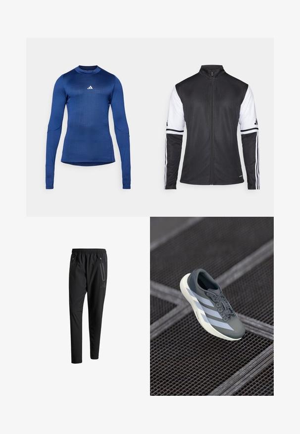 Casaco atlético preto com fecho à frente, mangas brancas e três riscas brancas verticais em cada braço. Feito de material sintético suave.; Camisola desportiva de manga longa em azul escuro, feita de tecido que Remove a humidade. Tem um pescoço redondo e um pequeno logo branco no peito.; Calças de treino pretas com uma cintura elástica, dois bolsos laterais com fecho, pernas ajustadas e um discreto detalhe de logotipo no quadril.; Shoe desportivo em cinza e branco, feito de material sintético, com um design aerodinâmico, acabamento texturizado e um sistema de atacadores proeminente.