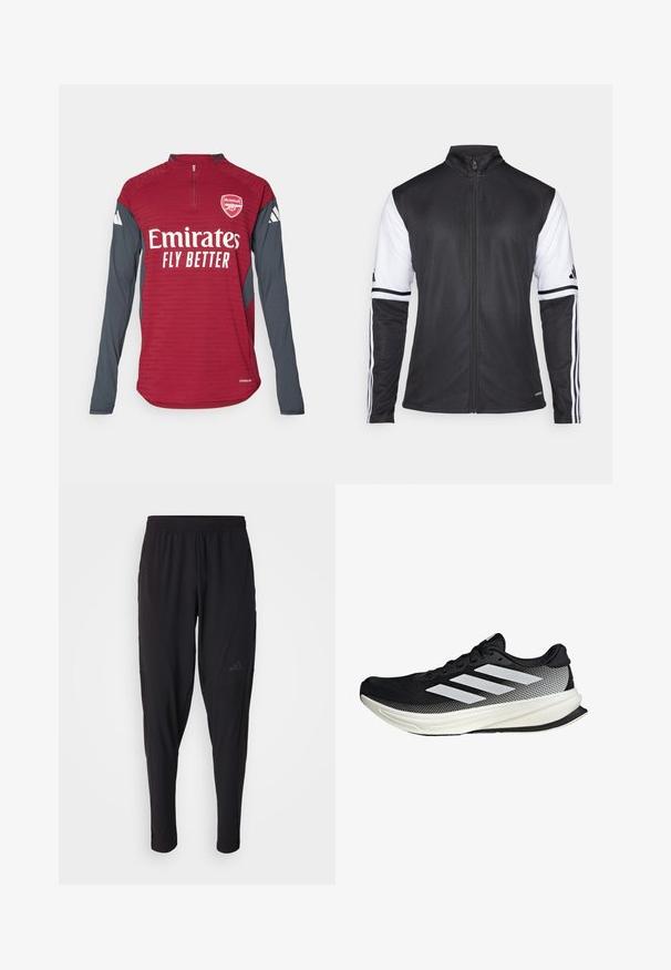 Veste de sport noire avec fermeture éclair à l'avant, manches blanches et trois rayures blanches verticales sur chaque bras. Fabriquée en matériau synthétique lisse.; adidas Performance ARSENAL FC 25/26 TIRO 25 EUROPEAN PRO TOP - Article de supporter d'équipe de club - team coll burgundy/dark grey; Pantalons de sport noirs avec une taille élastique, design fuselé, poches latérales et détail de logo subtil. Fabriqués en tissu flexible et respirant.; Chaussure de sport noire avec un design en maille, ornée de rayures blanches, à bout arrondi et avec une semelle texturée pour une meilleure adhérence et un soutien accru.