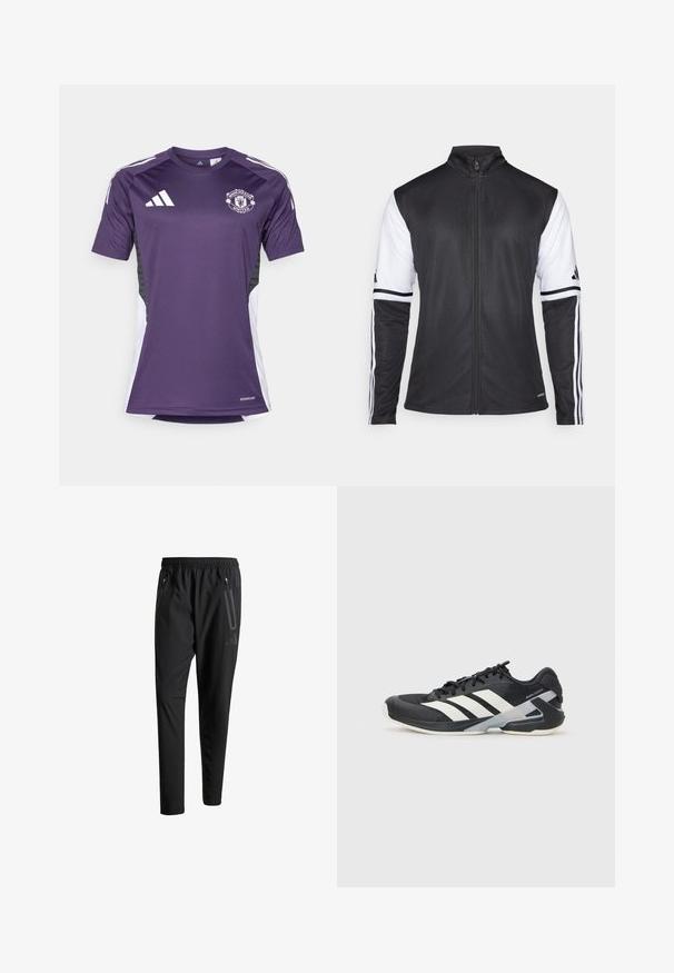 Zwarte sportjack met een rits aan de voorkant, witte mouwen en drie verticale witte strepen op elke arm. Gemaakt van soepel synthetisch materiaal.; Paarse Manchester United-jersey met korte mouwen, Adidas-logo en witte zijpanelen. Gemaakt van vochtafvoerende stof.; Zwarte sportbroeken met een elastische tailleband, twee ritszakken aan de zijkant, taps toelopende pijpen en een subtiele logo-detail op de heup.; Zwarte sportschoen met witte strepen, bovenwerk van mesh, ronde neus en geveerde zool. Heeft een getextureerde hak en een veilig vetersysteem.