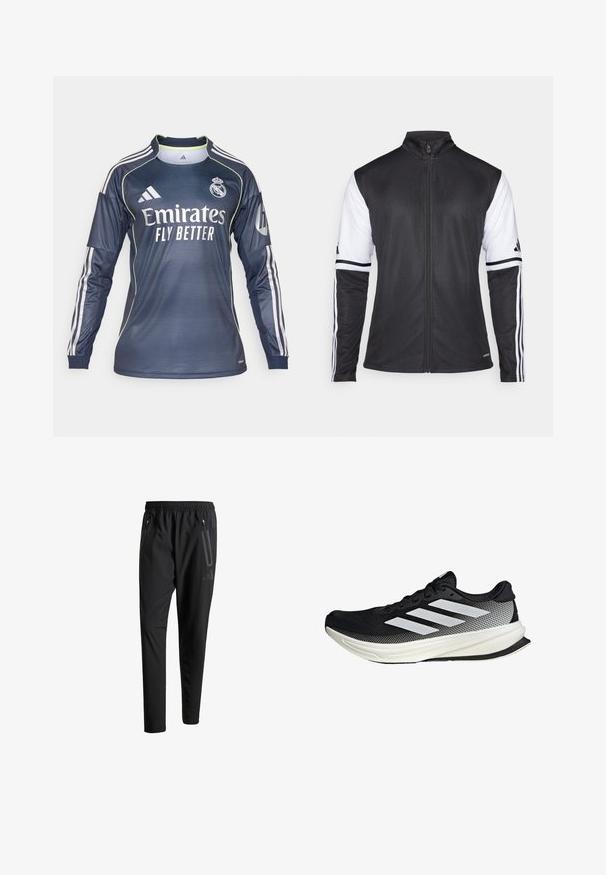 Crni sportski jakna s patentnim zatvaračem sprijeda, bijelim rukavima i tri vertikalne bijele pruge na svakoj ruci. Izrađena od glatkog sintetičkog materijala.; Golmanska majica u tamnoplavoj boji, sa bijelim detaljima i rebrastom teksturom. Logotip "Emirates Fly Better" na prednjoj strani, tri pruge na rukavima.; Crne atletske hlače s elastičnim pojasom, dva bočna džepa sa zatvaračem, suženi nogavici i diskretnim logotipom na kuku.; Crna atletska cipela s mrežastim dizajnom, koja ima bijele pruge, zaobljeni vrh i teksturiranu potplate za prianjanje i potporu.