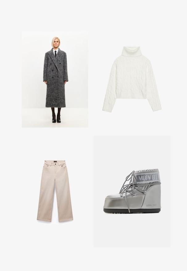 Sivi kaput od vune s mješavinom tkanina, dvostruko kopčanje, teksturirani finiš, veliki izrezani ovratnik i crni gumbi, doseže dužinu do sredine tele.; Bijela pamučna turtleneck vesta s rebrastim dizajnom i skraćenim krojem, koja ima rebraste manžete i rub. Mekana tekstura s udobnim, debelim dizajnom.; Bež hlače širokih nogavica od pamuka s glatkom teksturom. Imaju pet džepova, petlje za remen i srebrne detalje na prednjem dijelu.; Srebrna vodootporna čizma s zaobljenim oblikom, teksturiranom površinom i sivim vezicama. Ima istaknuti logotip "MOON BOOT" na gornjem dijelu.