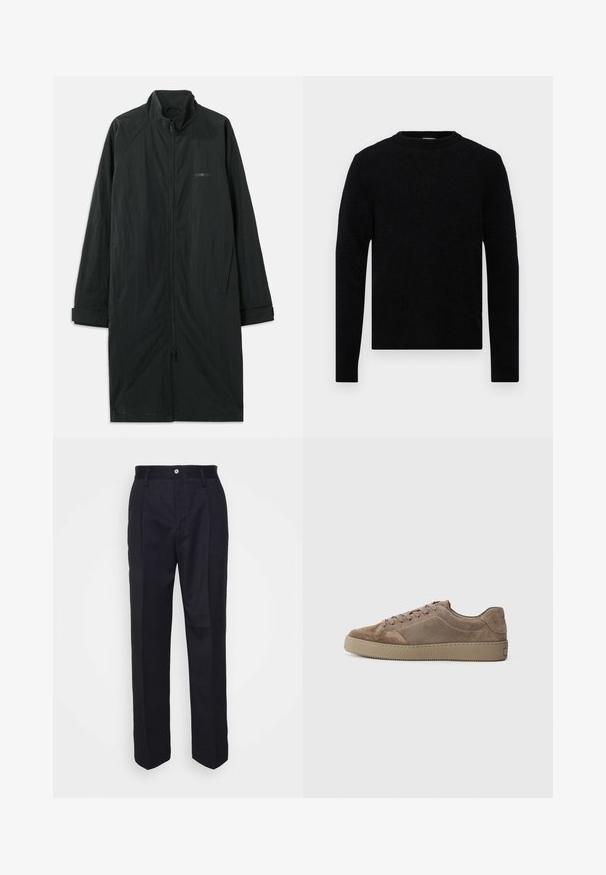 Black long coat with a high collar, featuring a full front zipper, and made of lightweight, textured fabric. Includes cuffed sleeves and subtle branding.; Filippa K SWEATER - Jumper - black; Black tailored trousers with a straight-leg design, made of smooth fabric, featuring a front button closure and two side pockets.; Brown suede low-top sneaker with flat rubber sole, lace-up closure, and stitching details, shown from the side on a plain background.