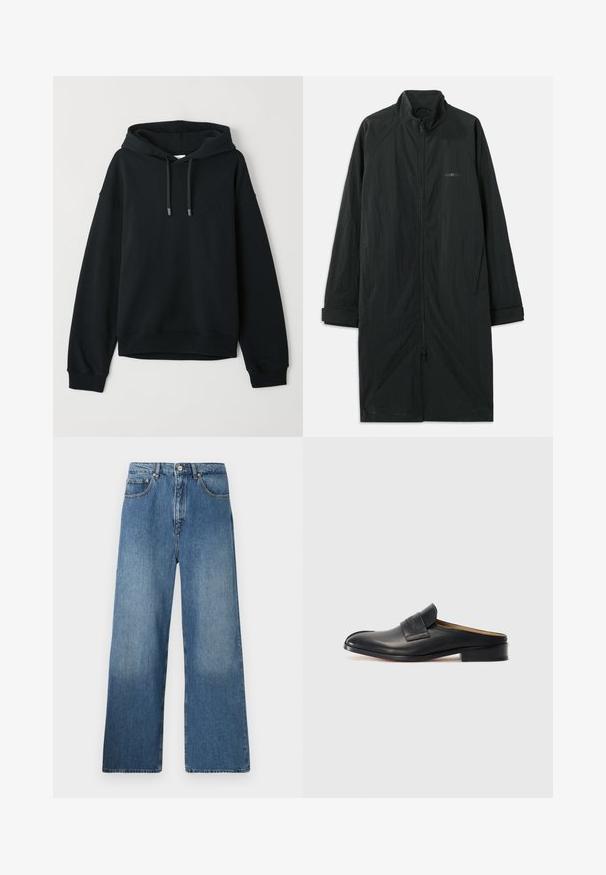 Fekete hosszú kabát magas gallérral, elöl teljes hosszában cipzárral, könnyű, strukturált anyagból készült. Hosszú ujjakkal rendelkezik, amelyek garbósak, és finom márkajelzéssel van ellátva.; Fekete kapucnis pulóver puha pamut keverékből. Húzós húzózsinórral ellátott kapucni, bordás mandzsetták és szegély, visszafogott logóval a mellkason.; Bőszárú kék farmernadrág, klasszikus öt zsebes kialakítással, elöl gombos záródással és enyhe kopással a textúra érdekében.; Fekete bőr slip-on cipő lekerekített orral, alacsony blokk sarkával és elülső pánttal. Simább textúrájú, finom logó részlettel a pánton.