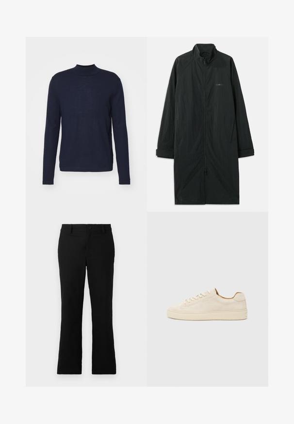 Črn dolg plašč z visokim ovratnikom, opremljen s celotnim sprednjim zadrgo, izdelan iz lahkega, teksturiranega blaga. Vključuje manšete in subtilno blagovno znamko.; Mornarsko modra dolga majica s turtleneck iz mehkega, lahkega materiala. Ima prilegan dizajn z minimalnimi šivi in gladko teksturo.; Črne široke hlače iz mešanice bombaža, opremljene z gumbom za zapiranje, zanko za pas in gladko teksturo brez vidnih vzorcev.; Bež suède teniska z nizkim dizajnom, okroglim prstom, ravnimi čipkami in teksturirano gumijasto podplatom. Minimalističen slog brez vidnih logotipov.