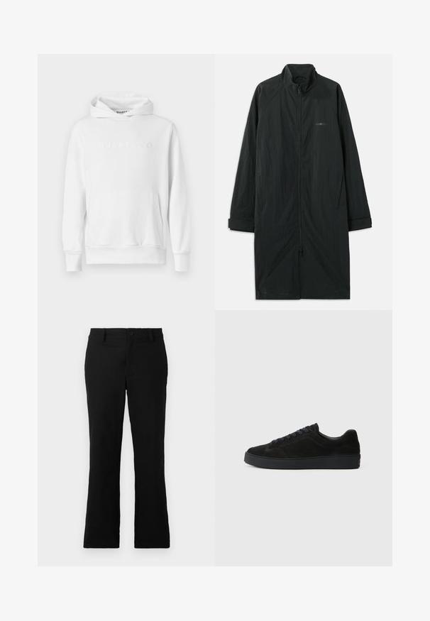 Svart lang frakk med høy krage, med hel frontglidelås, laget av lett, strukturert stoff. Har mansjetter og diskret merke.; Hvit hettegenser med frontlomme, snøring i hetta og preget "QUARTZ CO"-logo på brystet. Myk bomullsvev.; Svarte vide bukser laget av en bomullsblanding, med knappelukking, beltehemper og en glatt tekstur uten synlige mønstre.; Svart semsket sneaker med en flat, teksturert såle, rund tupp, seks hull for snøring og et minimalistisk design.