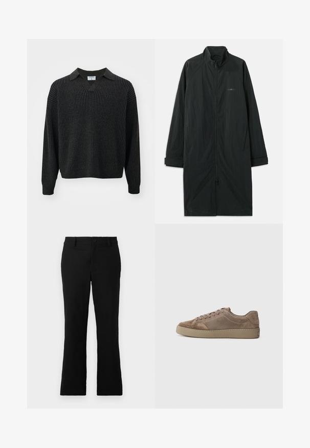 Svart lang frakk med høy krage, med hel frontglidelås, laget av lett, strukturert stoff. Har mansjetter og diskret merke.; Filippa K Strikkegenser - mocha/navy; Svarte vide bukser laget av en bomullsblanding, med knappelukking, beltehemper og en glatt tekstur uten synlige mønstre.; Brune semsket lave sneakers med flad gummisål, snørebåndslukning og syninger, vist fra siden på en ensfarvet baggrund.