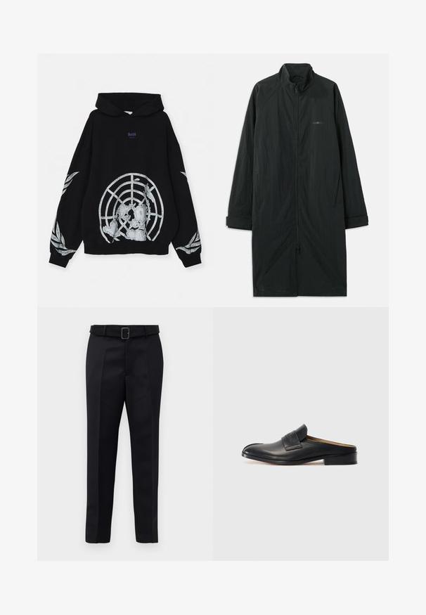 Czarny długi płaszcz z wysokim kołnierzem, wyposażony w pełny zamek błyskawiczny z przodu, wykonany z lekkiego, teksturowanego materiału. Posiada mankiety z podwijanymi rękawami oraz subtelne oznaczenia marki.; GmbH - Bluza z kapturem; Czarne dopasowane spodnie charakteryzują się gładkim materiałem, prostym krojem oraz paskiem w talii z prostokątną klamrą. Wyróżniające się przednie pliski podkreślają design.; Czarne skórzane buty wsuwane z okrągłym noskiem, niskim obcasem blokowym i przednim paskiem. Gładka faktura z subtelnym logo na pasku.