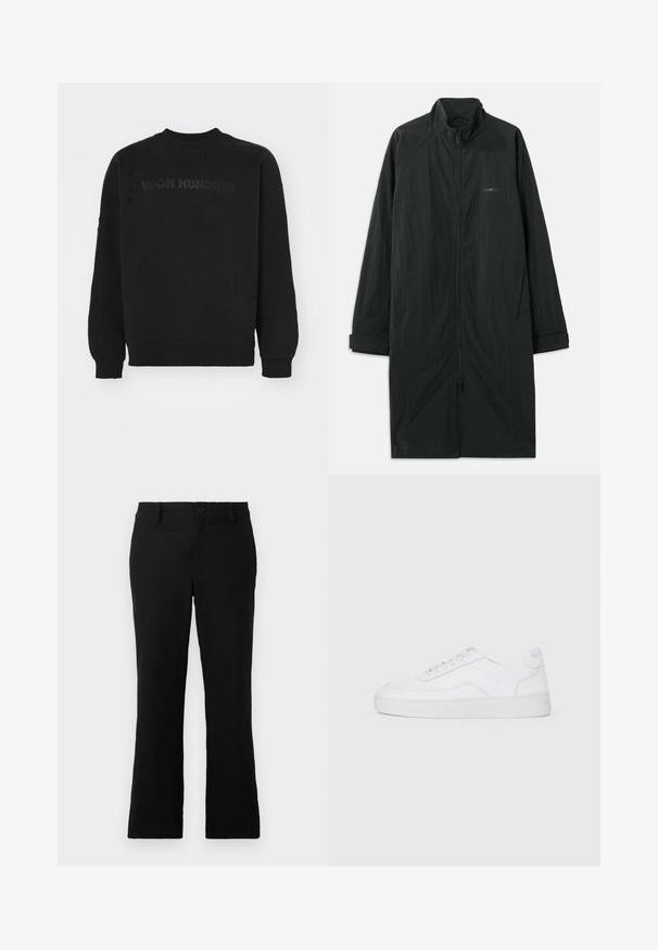 Svart lang frakk med høy krage, med hel frontglidelås, laget av lett, strukturert stoff. Har mansjetter og diskret merke.; Svart hettegenser med rund hals, som har en lett slitt tekstur og ton-i-ton "WON HUNDRED" logo over brystet.; Svarte vide bukser laget av en bomullsblanding, med knappelukking, beltehemper og en glatt tekstur uten synlige mønstre.; Hvit lav ankel sneaker med snøring, glatt overdel og gummisåle på en enkel lys bakgrunn.