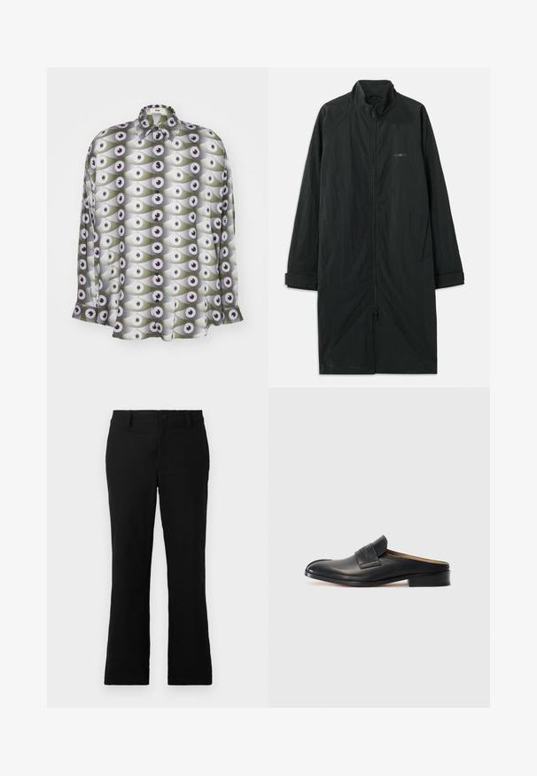 Zwarte lange jas met hoge kraag, voorzien van een volledige rits aan de voorkant en gemaakt van lichtgewicht, gestructureerde stof. Inclusief manchetten en subtiele branding.; Langsleeve shirt van lichtgewicht stof, voorzien van een herhalend patroon van ogen in groene en grijze tinten met zwarte accenten en knopen.; Zwarte uitlopende broek van een katoenmix, voorzien van een knoopsluiting, riemlussen en een gladde textuur zonder zichtbare patronen.; Zwarte leren instapschoen met een ronde neus, lage blokhak en een bandje aan de voorkant. Gladde textuur met subtiele logo-detail op het bandje.