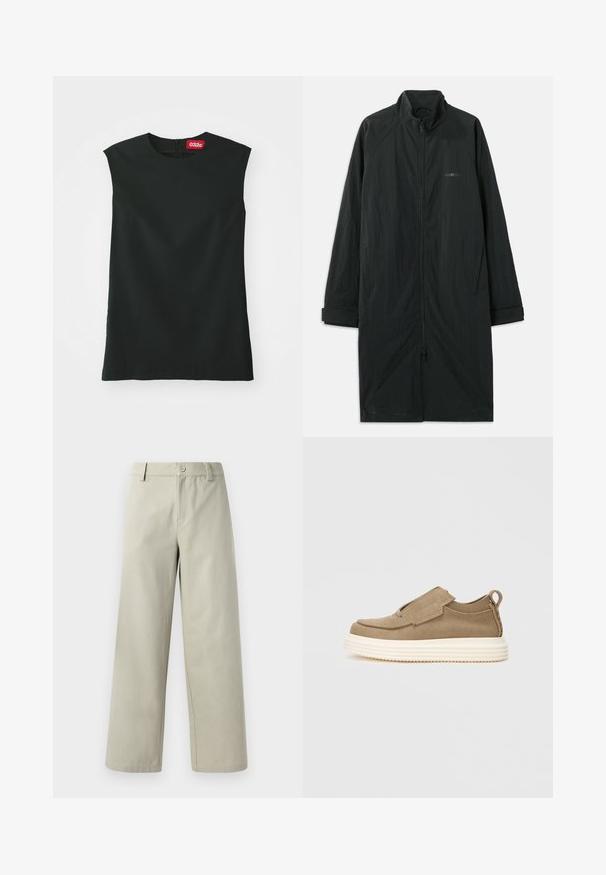 Casaco longo preto com gola alta, com um fecho na frente, feito de um tecido leve e texturizado. Inclui mangas com punhos e uma marcação sutil.; Top preto sem mangas com gola redonda, tecido suave e fecho zip na parte de trás. Apresenta uma pequena etiqueta vermelha com o logótipo "032c" na gola.; Han Kjøbenhavn WIDE LEG - Calças - light grey; Sapatos slip-on bege com um cabedal em camurça suave, apresentando uma faixa elástica e uma alça de puxar, além de uma sola de borracha branca grossa com sulcos.