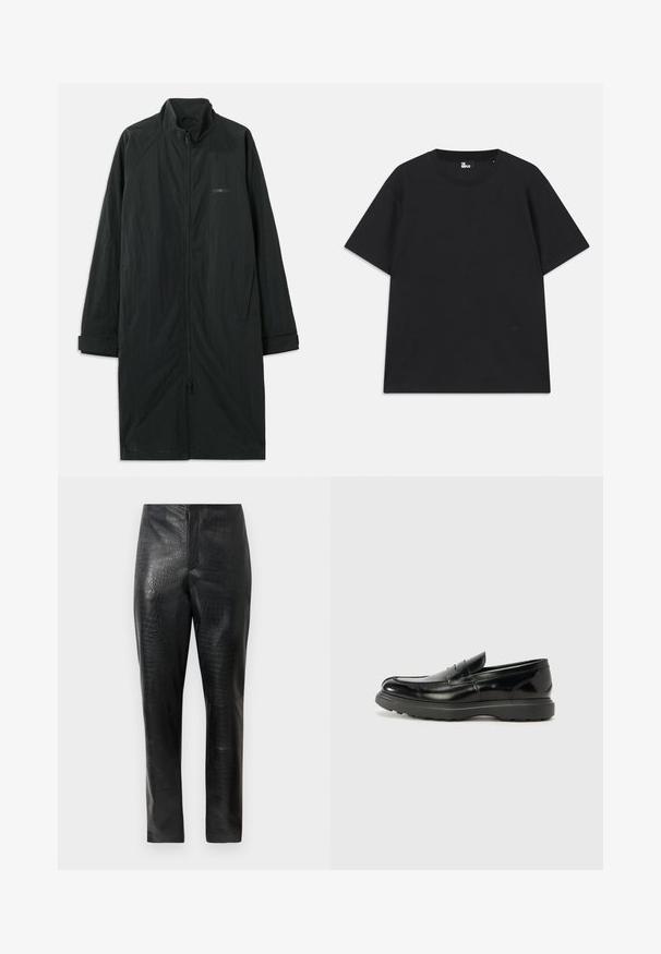 Mustad must coat kõrge kaelusega, millel on täielik esinevet zipper ja mis on valmistatud kergest tekstureeritud kangast. Sisaldab mansetiga varrukaid ja diskreetset brändimist.; Must värviline lühikeste varrukatega T-särk, mis on valmistatud puuvillast, ümmarguse kaelusega ja väikese logo detailiga allääres. Sile tekstuur, regulaarne lõige.; Mustad faux nahk püksid, millel on peen krokodillimuster, sirge säärejoone ja kõrge vöökoht, esitatud tavalise valge taustal.; Must musta nahk loafer läikiva viimistlusega, ümar varvas, delikaatsed õmblusdetailid ja paks kummist tallad vastupidavuse tagamiseks.