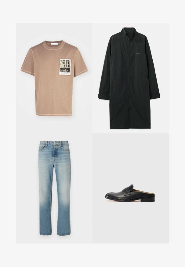 Melns garš mētelis ar augstu apkakli, ar pilnu priekšējo rāvējslēdzēju, izgatavots no viegla, teksturēta auduma. Iekļautas aproces piedurknes un diskrēta zīmola identifikācija.; Brūna kokvilnas T-krekls ar apaļu kakla izgriezumu, īsām piedurknēm un priekšējo kabatu, kurā ir drukāts attēls ar ēku.; Gai zilas taisnas kājas džinsu bikses no denima auduma ar izbalējušu apdari. Iespējas: piecas kabatas, jostas cilpas un rāvējslēdzēja aizdare ar pogu.; Melnas ādas slip-on kurpes ar noapaļotu purngalu, zemu blokveida papēdi un priekšējo siksniņu. Gluda tekstūra ar diskrētu logotipa detaļu uz siksniņas.