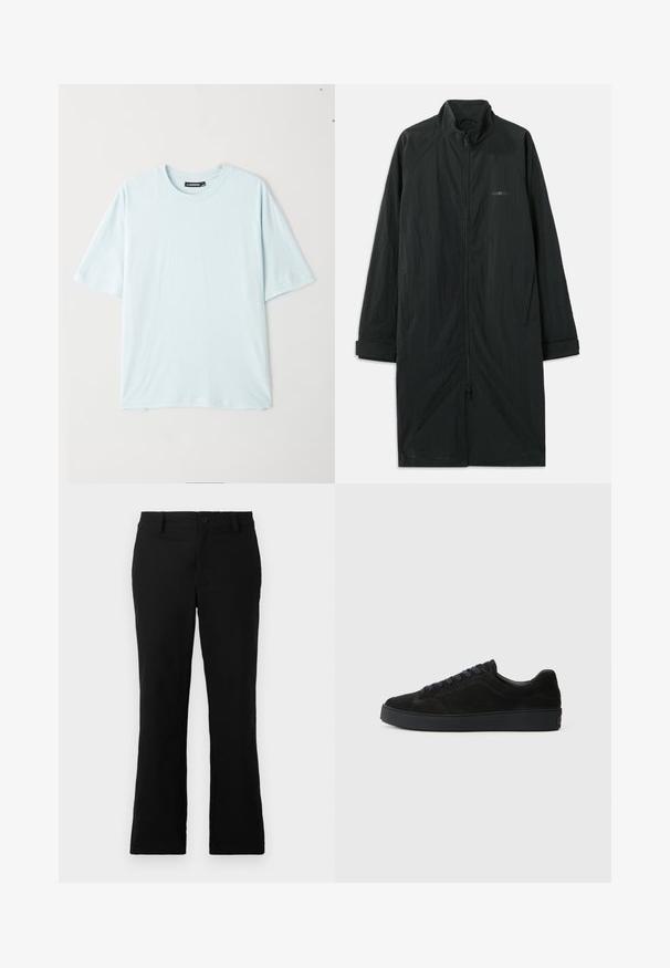 Čierny dlhý kabát s vysokým golierom, so zipsom na celej prednej strane, vyrobený z ľahkej textúrovanej tkaniny. Obsahuje manžetové rukávy a subtílne logo.; Svetlomodré tričko s krátkym rukávom a okrúhlym výstrihom, vyrobené z mäkkej látky. Obsahuje voľný strih a hladkú textúru bez vzorov alebo akcentov.; Čierne rozšírené nohavice z bavlnenej zmesi, s gombíkovým zapínaním, pútkami na opasok a hladkým povrchom bez viditeľných vzorov.; Čierne semišové tenisky s plochou, textúrovanou podrážkou, zaoblenou špičkou, šiestimi očkami na šnúrky a minimalistickým dizajnom.