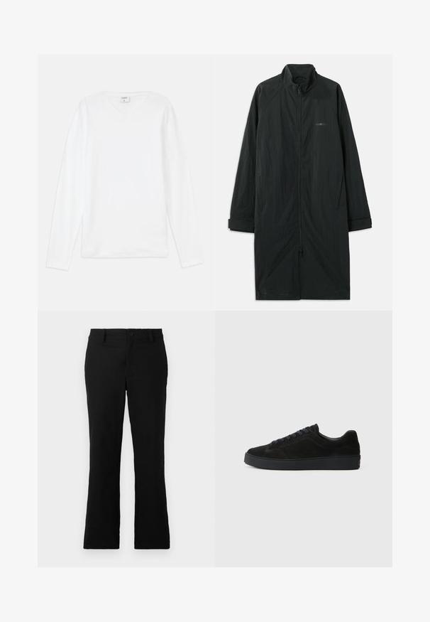 Zwarte lange jas met hoge kraag, voorzien van een volledige rits aan de voorkant en gemaakt van lichtgewicht, gestructureerde stof. Inclusief manchetten en subtiele branding.; Witte lange mouw T-shirt met V-hals, gemaakt van zachte stof, met een ontspannen pasvorm en zijsplitten voor bewegingsgemak.; Zwarte uitlopende broek van een katoenmix, voorzien van een knoopsluiting, riemlussen en een gladde textuur zonder zichtbare patronen.; Zwarte suède sneakers met een platte, gestructureerde zool, een ronde neus, zes oogjes voor veters en een minimalistisch ontwerp.