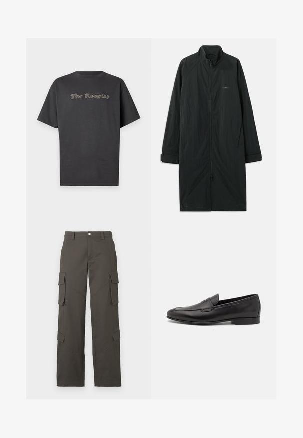 Sort lang frakke med høj krave, der har en fuld frontlynlås og er lavet af let, struktureret stof. Inkluderer ærmer med manchetter og subtil branding.; Mørkegrå kortærmet t-shirt lavet af bomuld. Har præget tekst med teksten "The Kooples" i en kontrastfarve. Klassisk rund hals-design.; Mørkegrå straight-leg cargo bukser med knaplukning og fire klaplommer, to på lårene og to nær læggene.; Sort læder herre loafers med lav hæl og et klassisk penny strap design, vist i sideprofil på en hvid baggrund.