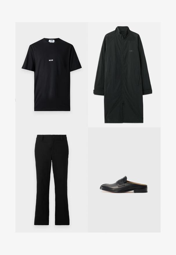 Juodas ilgas paltas su aukštu apykakle, pasižymintis visiškai užtraukiama užtrauktuku ir pagamintas iš lengvos, tekstūrinės medžiagos. Turi rankogalių juostas ir subtilų ženklinimą.; Juodas medvilnės marškinėliai su apvalia iškirpte ir trumpomis rankovėmis. Priekyje viduryje yra baltas "MSGM" logotipas. Glotni tekstūra, standartinė prigludimo forma.; Juodos plačios kelnės, pagamintos iš medvilnės mišinio, su mygtukų uždarymu, diržo kilpomis ir lygia tekstūra be matomų raštų.; Juodos odinės slip-on tipo bateliai su apvaliu nosiu, žemu blokiniu kulnu ir priekiniais dirželiais. Lygus paviršius su subtiliu logotipo akcentu ant dirželio.